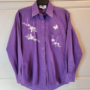 Vintage Las Olas Purple Embroidered Long Sleeve Button Up Shirt Blouse